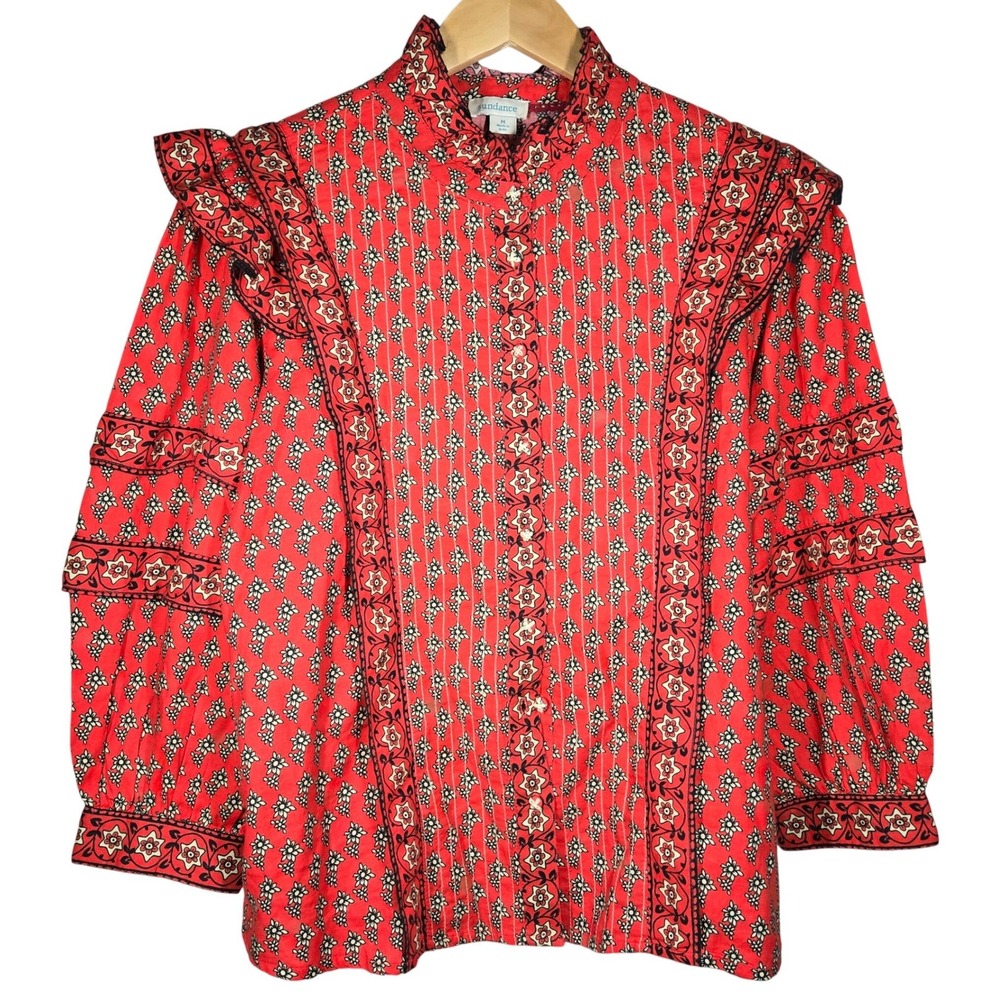Sundance Womens Red Floral Ruffle Shoulder Button Front Cotton Blouse Size M